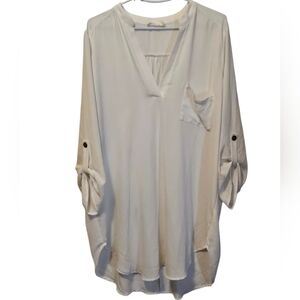 Lush Tunic Blouse V-Neck 3/4 Sleeve Pocket Casual White Sheer Top Size XL